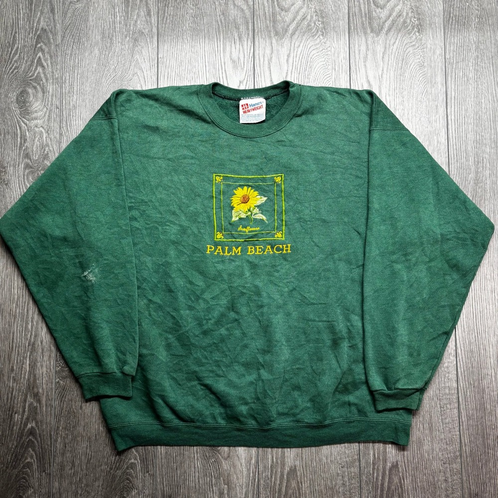 Vintage 90s Palm Beach Sunflower XL Sweatshirt Green Mens Hanes Heavyweight